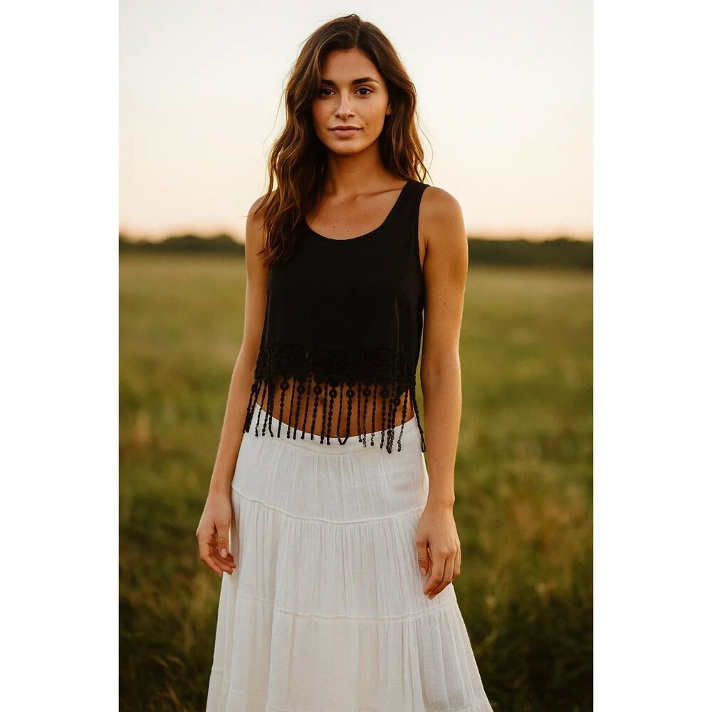Monteau Black Cropped Tank Top Lace Back Fringe Hem Sleeveless Scoop Neck Size M